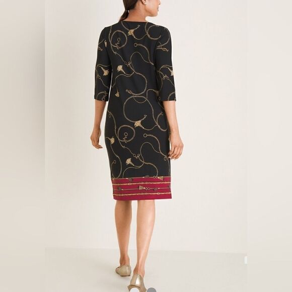 CHICO'S Printed Chain Print Black Shift Dress - Size 1 US 8/10 - Picture 2 of 11